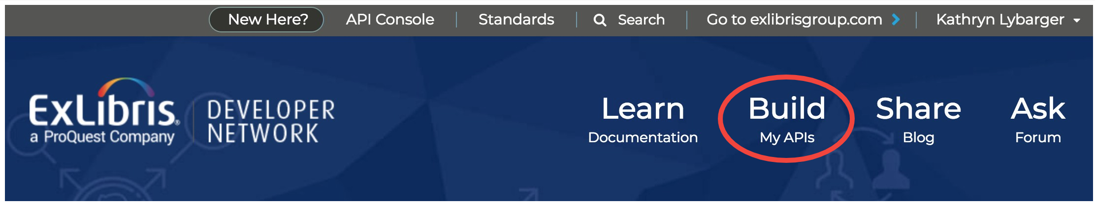 Screen shot of Developer Network with Build circled