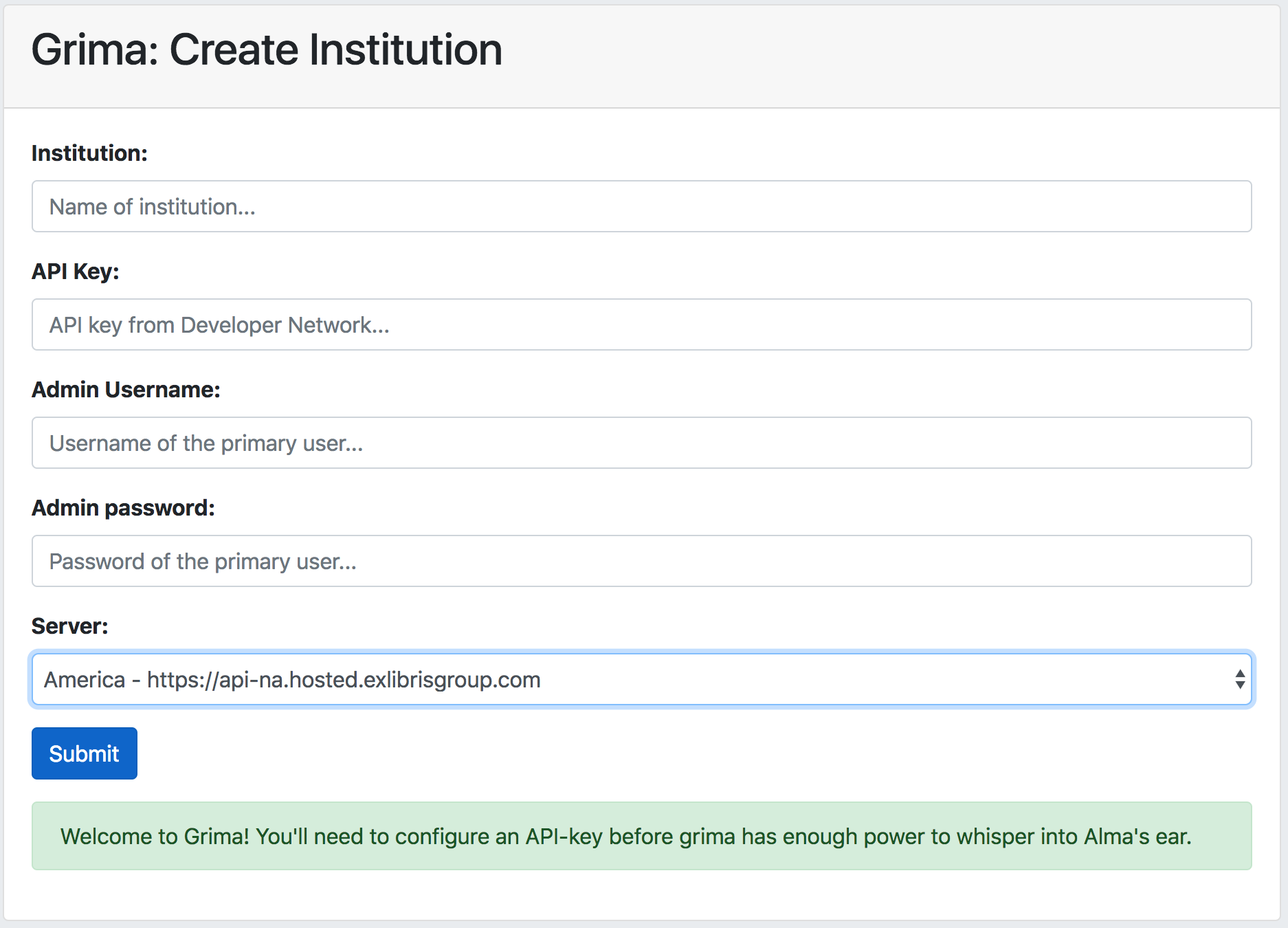 Screenshot of AdminAddInstitution form