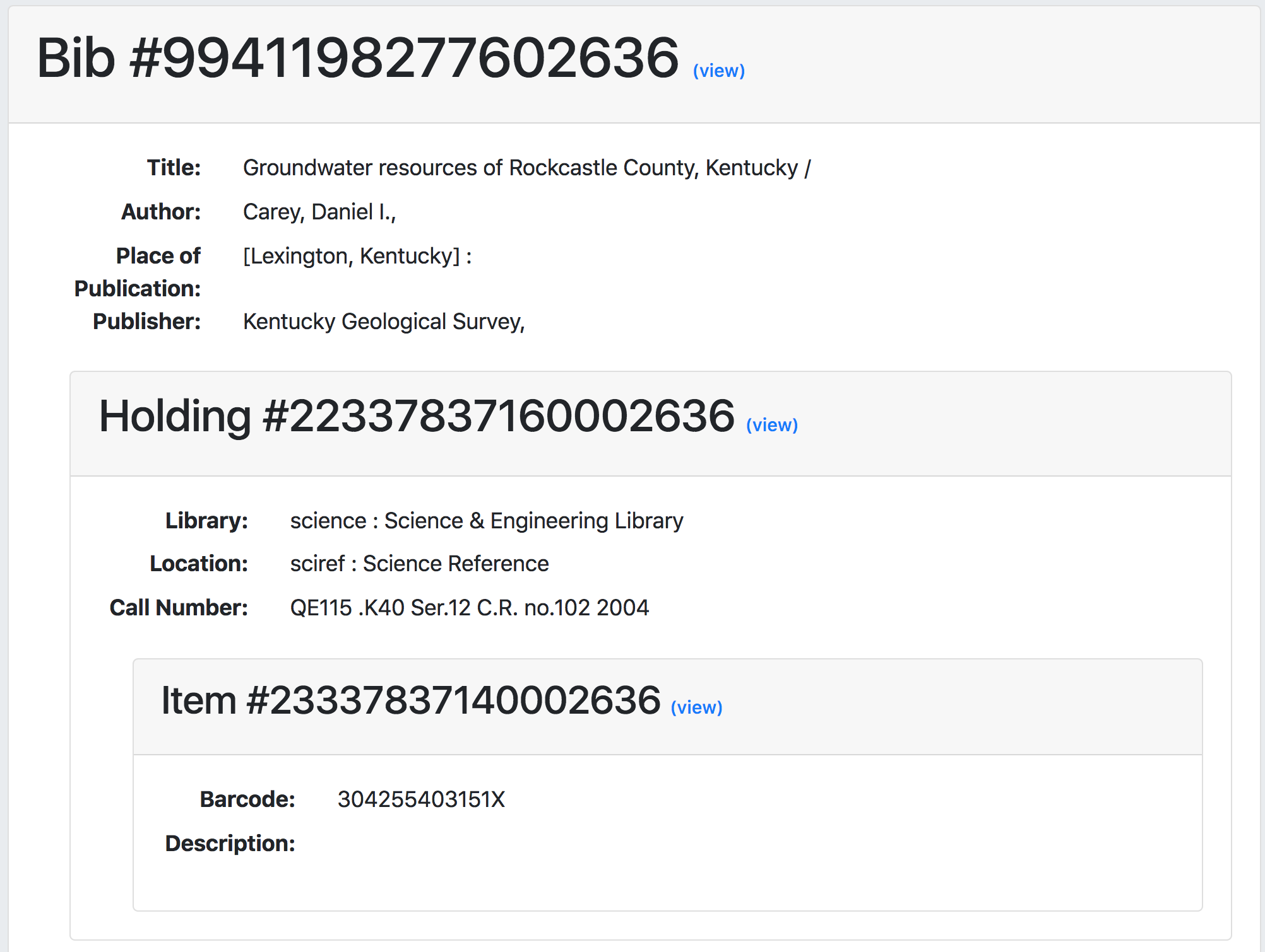 Screenshot of bibliographic record