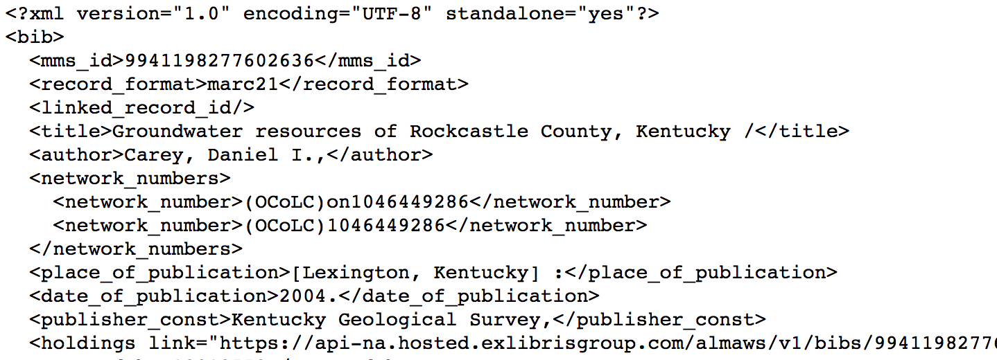 Screenshot of bibliographic record